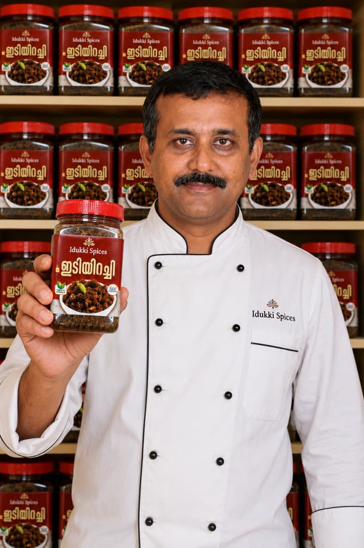 Idukki Spices founder holding a jar of Idiyirachi
