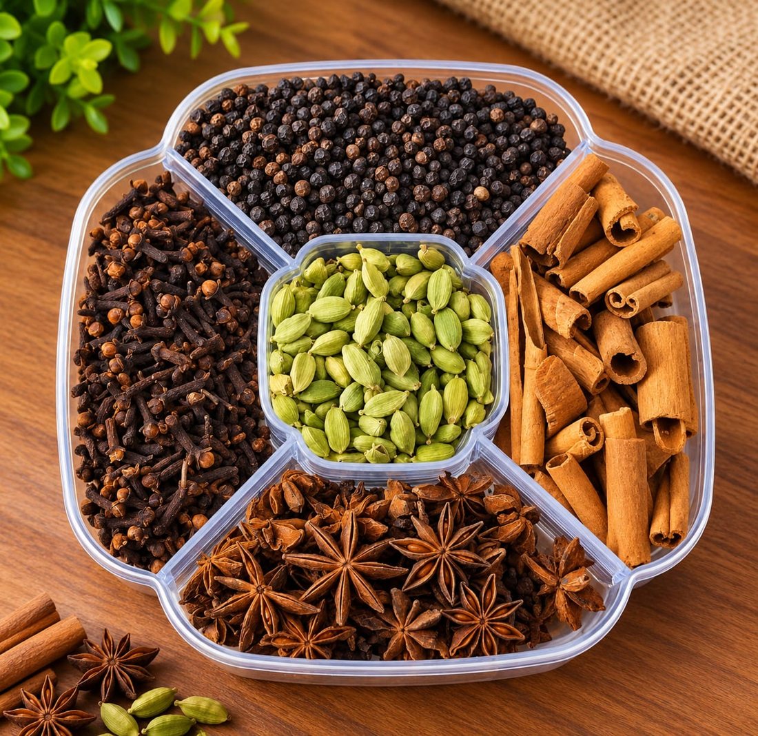 Whole spices: pepper, clove, cardamom, cinnamon and star anise